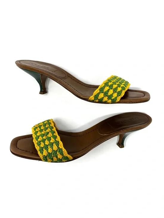 Vintage Prada Green Yellow Crochet Raffia Kitten Heels Slides Sandals 37.5 7.5 - Picture 4 of 10
